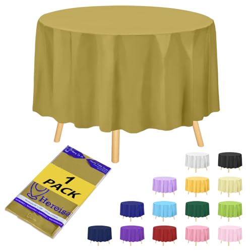 Hereisa Hochwertige Kunststoff-Tischdecke, 213,4 cm, rund, goldfarben, 1 Stück von Hereisa