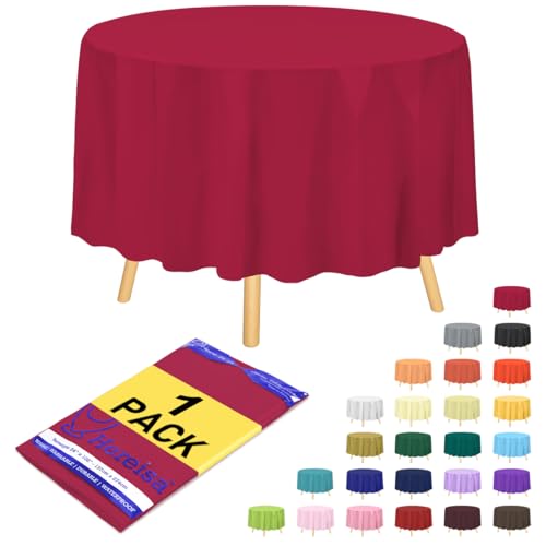 Hereisa Hochwertige Kunststoff-Tischdecke, rund, 213,4 cm, Kirschrot, 1 Stück von Hereisa