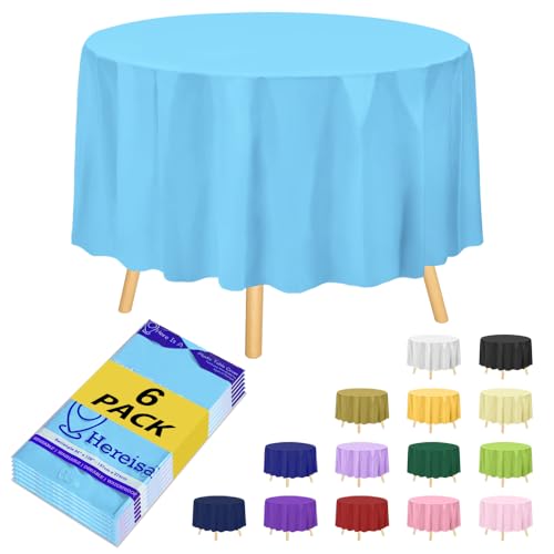 Hereisa Kunststoff-Tischdecken 213,4 cm, Einweg-Tischdecke, runde Tischdecke, Kunststoff-Tischdecken für Partys, Hellblau, 6 Stück von Hereisa
