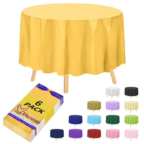 Hereisa Kunststoff-Tischdecken 213,4 cm, runde Einweg-Tischdecke, Kunststoff-Tischdecken für Partys, Gelb, 6 Stück von Hereisa
