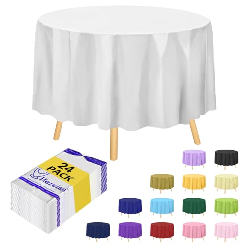 Runde Kunststoff-Tischdecke – 213,4 x 213,4 cm – runde Einweg-Tischdecke aus Kunststoff, dekorative runde Tischdecke, glatte Tischdecke, Einweg-Tischdecken für Partys, Hochzeiten, 24 Stück von Hereisa