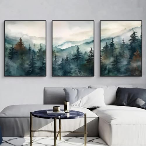 3er Poster Set, Moderne Grün Berge Wald Landschaft Bilder, Leinwandbilder Wandposter Wanddeko für Wohnzimmer & Schlafzimmer, ohne Rahmen (40x50cm) von Herfair