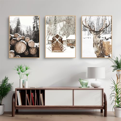 3er Poster Set, Winter-Schneelandschaft Elch Holzhaus Bilder, ohne Rahmen Modern Weihnachtsdekoration Wandbilder Wohnzimmer Deko Schlafzimmer (B,50x70cm) von Herfair