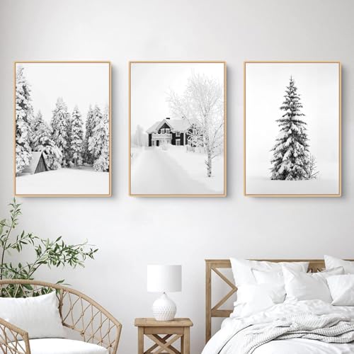 3er Poster Set, Winter Weiße Kiefer Holzhaus Wandkunst Wandbilder Wohnzimmer Bilder, Moderne Leinwandbilder Wandposter, Wanddeko Bilder, Ohne Rahmen (50x70cm) von Herfair