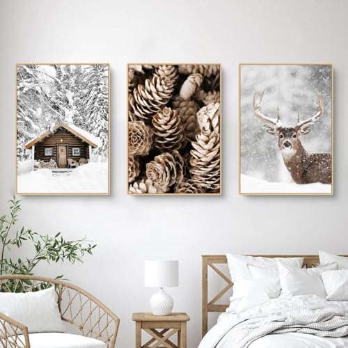 3er Poster Set Moderne Winter Bilder, Elch, Holzhaus Schneelandschaft, Leinwandbilder, Wandbilder Bilder Wohnzimmer Deko Schlafzimmer, Ohne Rahmen (B,21x30cm) von Herfair