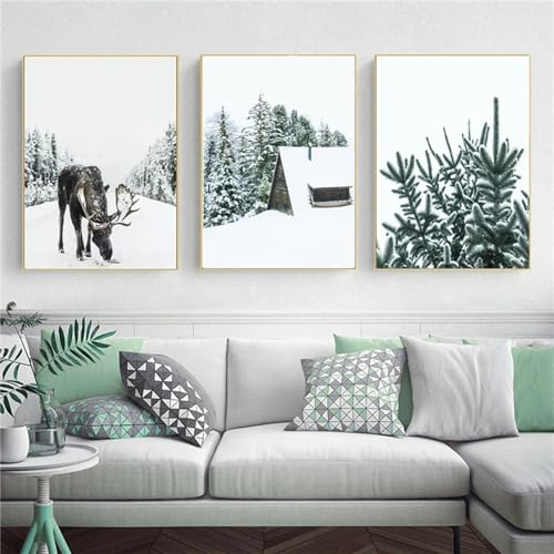 3er Poster Set Wandbilder Winter Bilder, Elch, Holzhaus, Modern Bilder Deko Wanddeko, Leinwand Drucke Schlafzimmer Wohnzimmer Bilder, Ohne Rahmen (50x70cm) von Herfair