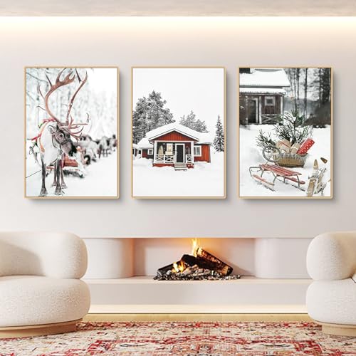 3er Premium Poster Set, Moderne Natur Winter Weihnachten Elch Holzhaus Schneelandschaft Bilder,Leinwandbilder Wanddecor für Wohnzimmer Schlafzimmer Ohne Rahmen (A,30x40cm) von Herfair