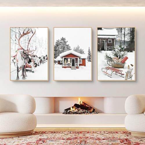 3er Premium Poster Set, Moderne Natur Winter Weihnachten Elch Holzhaus Schneelandschaft Bilder,Leinwandbilder Wanddecor für Wohnzimmer Schlafzimmer Ohne Rahmen (A,50x70cm) von Herfair