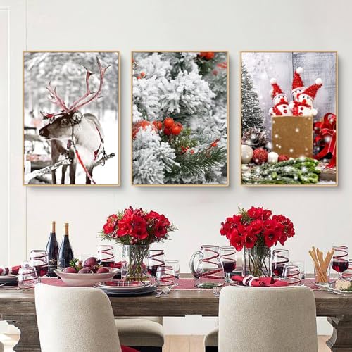 3er Premium Poster Set, Moderne Natur Winter Weihnachten Elch Holzhaus Schneelandschaft Bilder,Leinwandbilder Wanddecor für Wohnzimmer Schlafzimmer Ohne Rahmen (B,50x70cm) von Herfair