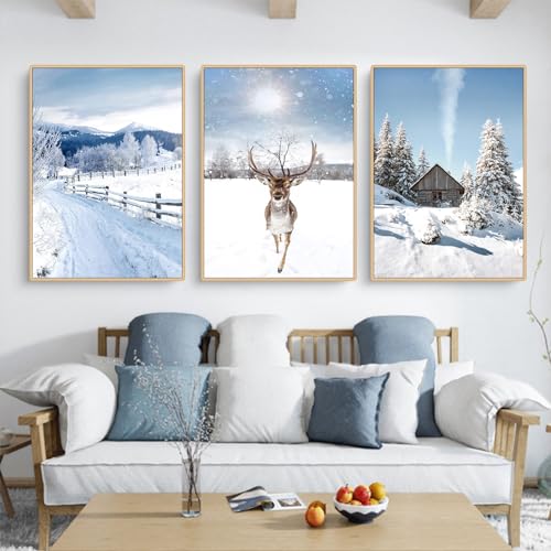 3er Premium Poster Set, Moderne Natur Winter Weihnachten Elch Schlitten Holzhaus Schneelandschaft Bilder,Leinwandbilder für Wohnzimmer Schlafzimmer Ohne Rahmen (40x50cm) von Herfair