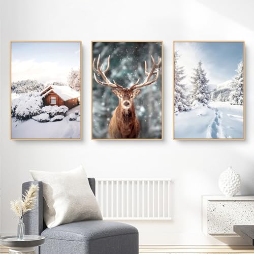 3er Premium Poster Set, Natur Winter Weihnachten Elch Holzhaus Schneelandschaft Bilder,Moderne Leinwandbilder Wanddecor für Wohnzimmer Schlafzimmer Ohne Rahmen (21x30cm) von Herfair