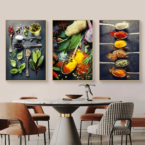3er-Set Bild auf Leinwand Bilder, Modern Wandbilder Küche Gewürze, Pfeffer, Kräuter, Wandposter, Wanddeko Esszimmer Küchenbilder Schlafzimmer (C,40x50cm) von Herfair