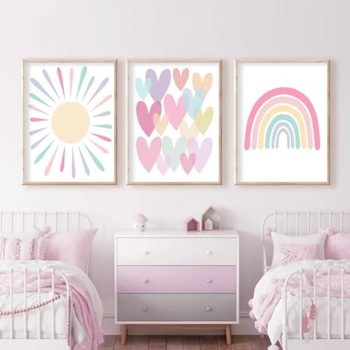 Bilder Kinderzimmer Poster Regenbogen Herzen Boho Wandposter, Bilder Set Junge Mädchen Babyzimmer Kinderbilder, Wandposter Premium, Ohne Rahmen (50x70cm) von Herfair