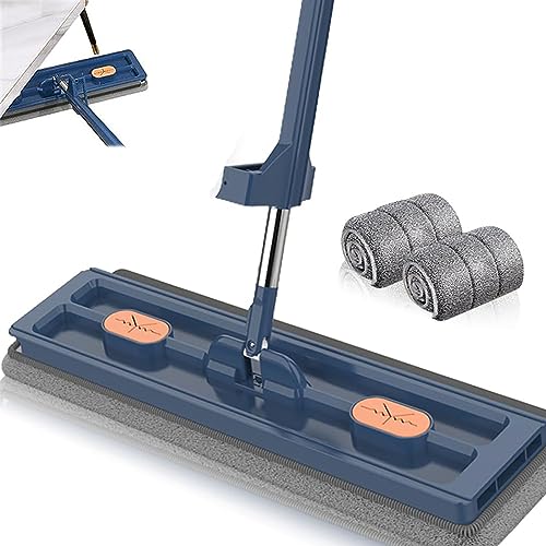 Großer Flachmop,Großer Flachmop, 2023 Neu Großer Flach Mopp Bodenwischer, 360° Drehgelenk Bodenwischer Set Flachmopp mit Wiederverwendbaren Mikrofaser-Wischpads (Blau + 2 Pads) von Herfair