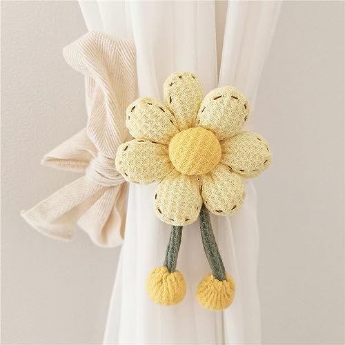 Herfair 2 Stück Vorhang Raffhalter, Schön Blumen Gardinenhalter Vorhanghalter Kinderzimmer Decor Boho Gardinenclips Vorhang Clips Seil Holdback Vorhang Ringe für Babyzimmer Dekor (7Blatt+Hellgelb) von Herfair