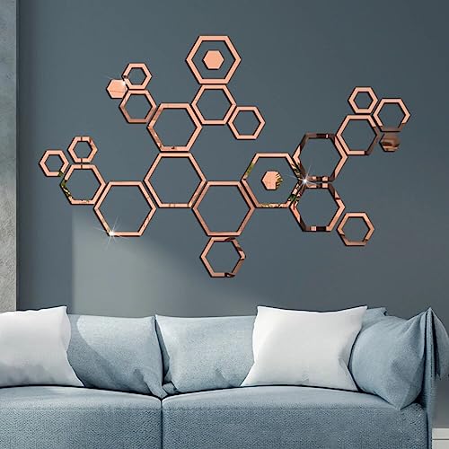 Herfair 24 PCS Acryl Wandtattoos Wohnzimmer Wandspiegel Aufkleber, 3D Sechseckig Dekorativ Wandaufkleber Selbstklebend Wandsticker Wanddekor Schlafzimmer Wohnzimmer (Rotgold) von Herfair