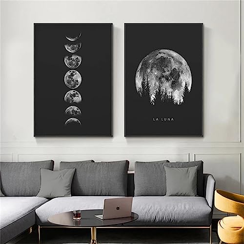 Herfair 2er Poster Set Mond Poster, Schwarz-Weiß Mond Bild,Modern Wandbilder,Wandbild für Schlafzimmer, Wohnzimmer, Büro, Mondliebhaber Geschenk (30x40cm) von Herfair