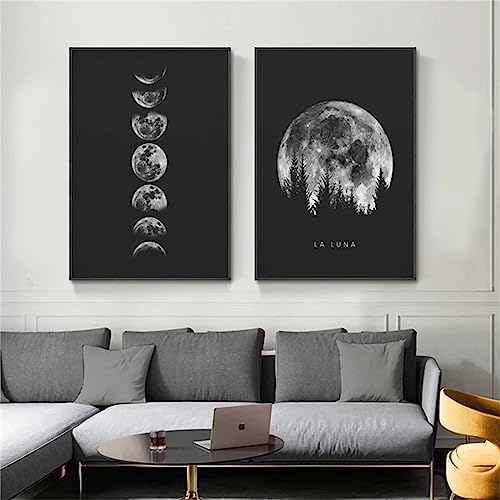 Herfair 2er Poster Set Mond Poster, Schwarz-Weiß Mond Bild,Modern Wandbilder,Wandbild für Schlafzimmer, Wohnzimmer, Büro, Mondliebhaber Geschenk (50x70cm) von Herfair