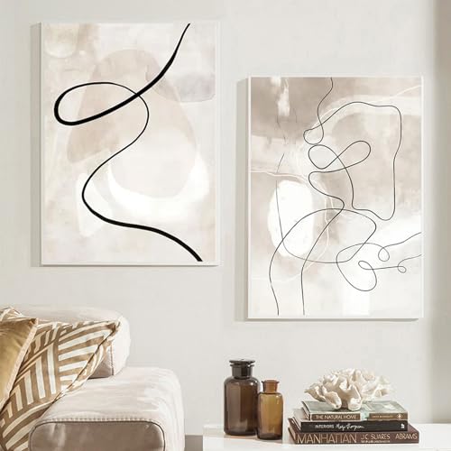 Herfair 2er Premium Poster Set, Beige Abstrakte Linie Stilvolle Wandbilder, Boho Beige Kunstposter OHNE Rahmen, Print Bilder Wandposter Home Deko (40x50cm) von Herfair