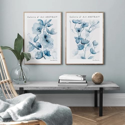 Herfair 2er Premium Poster Set, Blau Blumen Aesthetic Bilder Wandbilder, Blumen Bild Kunstposter, Leinwandbilder, Wohnzimmer Schlafzimmer Deko, Ohne Rahmen (30x40cm) von Herfair