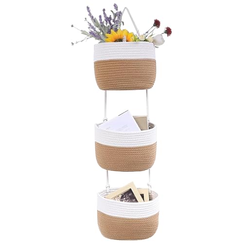 Herfair 3-Tier Seil Gewebt Hängekorb Wall-Mounted Veranstalter, Hängeorganizer Tür Wand Organizer Aufbewahrung für Wohnzimmer Schlafzimmer (Weiß Kurkuma) von Herfair