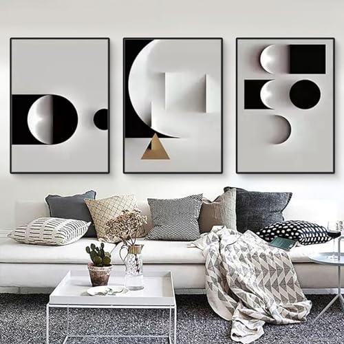 Herfair 3er Leinwand Poster Set, Modern Geometrische Schwarz und Weiß Wand Bilder, Abstrakte Geometrie Kunstdruck Wanddekoration Deko, Ohne Rahmen (50x70cm) von Herfair