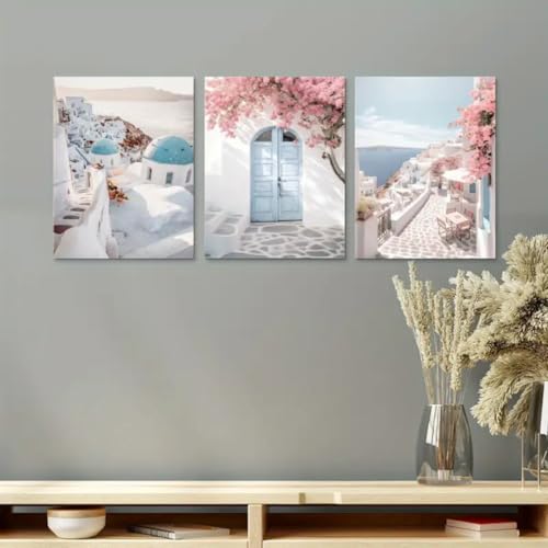 Herfair 3er Poster Set, Rosa Blau Santorini Griechenland und das Ägäische Meer Wandbilder, Wohnzimmer Leinwand Bilder,Schlafzimmer Wanddeko Poster,Ohne Rahmen (30x40cm) von Herfair