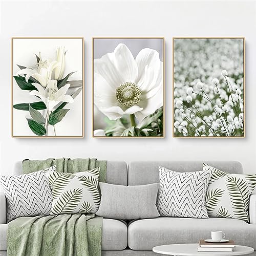 Herfair 3er Poster Set Grüne Bilder Pflanze Weiß Blume Moderne Wandbilder, Ohne Rahmen Leinwandbilder, Boho Bilder Set Wanddeko, Wohnzimmer Schlafzimmer Deko (21x30cm) von Herfair