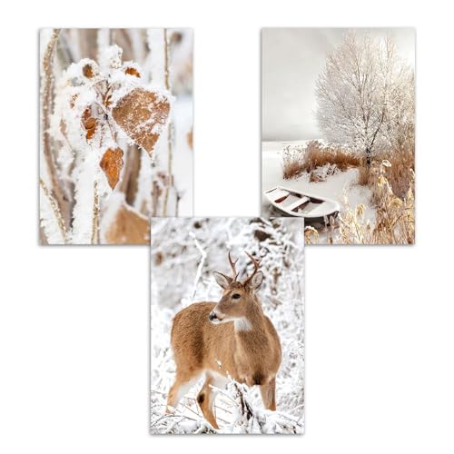 Herfair 3er Poster Set Moderne Winter Schneelandschaft Elch Eichhörnchen und Haus Wandbilder Bilder,Boho Beige Bilder Set für Wohnzimmer Schlafzimmer Büro Flur Wanddeko Kunst,Ohne Rahmen (A,50x70cm) von Herfair