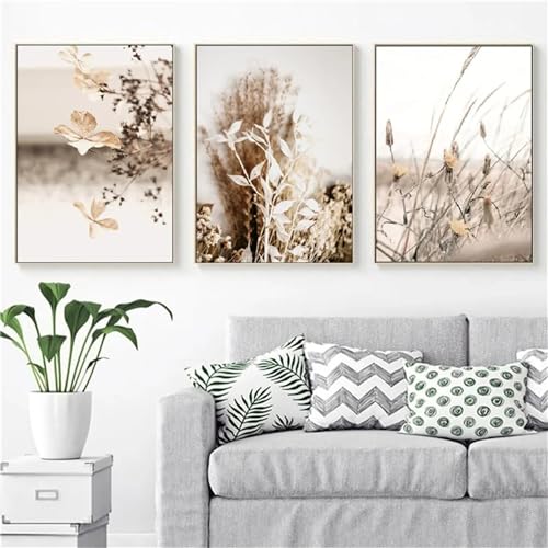 Herfair 3er Premium Poster Set, Beige Wandbilder Boho Pampasgras Bild Wohnzimmer Poster, Leinwandbilder Wandposte, Bilder Wohnzimmer Deko Ohne Rahmen (50x70cm) von Herfair