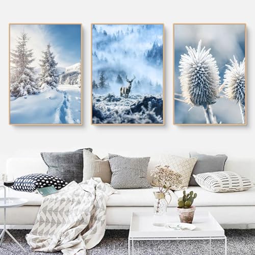 Herfair 3er Premium Poster Set Winter Wandbilder, Schneelandschaft Elchhirsch Moderne Leinwandbilder Wandposter, Wanddeko Bilder Stilvolle Home Deko, Ohne Rahmen (A,21x30cm) von Herfair