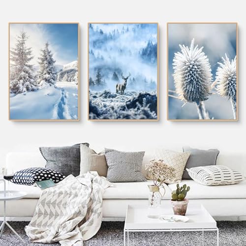 Herfair 3er Premium Poster Set Winter Wandbilder, Schneelandschaft Elchhirsch Moderne Leinwandbilder Wandposter, Wanddeko Bilder Stilvolle Home Deko, Ohne Rahmen (A,30x40cm) von Herfair