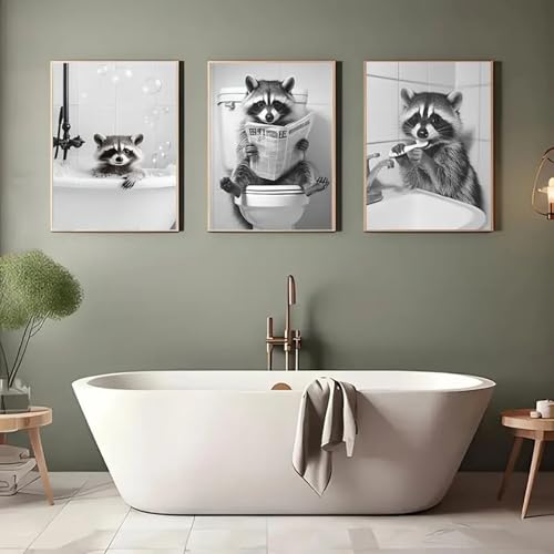 Herfair 3er Set Badezimmer Deko Bilder, Schwarz-Weiße Waschbär Badezimmer Wandkunst, lustiges Waschbär Tier Leinwand, Wanddeko Bilder Wohnzimmer Deko Schlafzimmer,ohne Rahmen (21x30cm) von Herfair