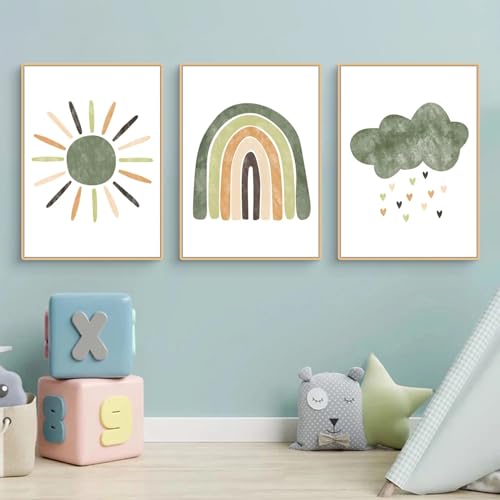 Herfair 3er Set Bilder Kinderzimmer Grün Regenbogen Wolken Wandbilder Boho Deko Poster Babyzimmer Ohne Rahmen für Jungen Mädchen Schlafzimmer Wanddeko (50x70cm) von Herfair