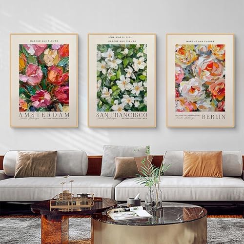 Herfair 3er Set Bunt Blumen Poster, Abstrakte Ölgemälde Blumen Stilvolle Aesthetic Deko Leinwand Bilder, Ohne Rahmen Schlafzimmer Wandbilder Wanddeko Poster (40x50cm) von Herfair