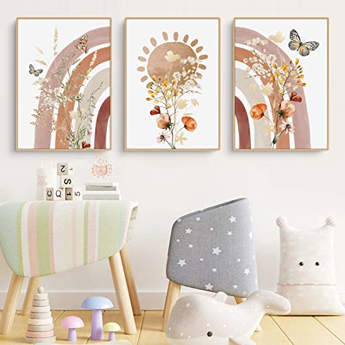 Herfair 3er Set Poster Kinderzimmer Deko Regenbogen Sonne Blume und Schmetterling Bilder, Kinderzimmer Deko Bilder Set Junge Mädchen Babyzimmer Kinderbilder (30x40cm) von Herfair