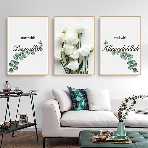 Herfair 3er Set Premium Poster Pflanzen Blumen Wandbilder, Islamisch Poster Wohnzimmer Grün Modern Wanddeko Bilder, Ohne Rahmen Leinwandbilder (40x50cm) von Herfair