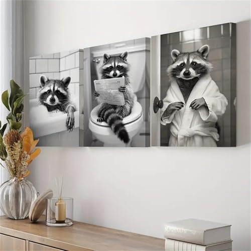 Herfair 3er Set Schwarz-Weiße WaschbärPoster, Badezimmer Deko Bilder, Badezimmer Wandkunst, lustiges Waschbär Tier Leinwand, Wanddeko Bilder Wohnzimmer Deko Schlafzimmer,ohne Rahmen (40x50cm) von Herfair
