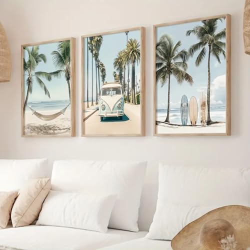 Herfair 3er Set Strand Ozean Palme Poster Set, Tropische Surfbrett Sommer Dekor Poster Vintage Summer Aesthetic Hawaii Poster Strand Bilder (50x70cm) von Herfair