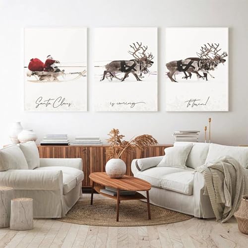 Herfair 3er Weihnachten Poster Set Premium Moderne Kunstdrucke Weihnachtsmann Rentier mit Schlitten Art Bilder,Wohnzimmer Schlafzimmer Wanddeko, ohne Rahmen (50x70cm) von Herfair