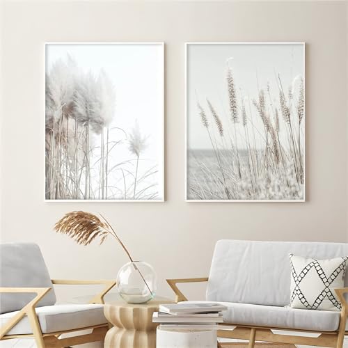 Herfair Bilder Wohnzimmer, 2er Set Beige Pampasgras Wandbilder Poster Schlafzimmer, Boho Kunstdruck Leinwandbild, Ohne Rahmen Wanddeko Bilder (30 x 40 cm) von Herfair