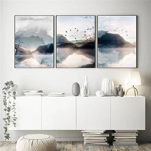 Herfair Bilder Wohnzimmer, 3er Poster Set Landschaft Wandbilder Abstrakt Berg Wasser Aesthetic Kunstdruck Leinwandbild, Ohne Rahmen Wanddeko Poster Schlafzimmer (21 x 30 cm) von Herfair