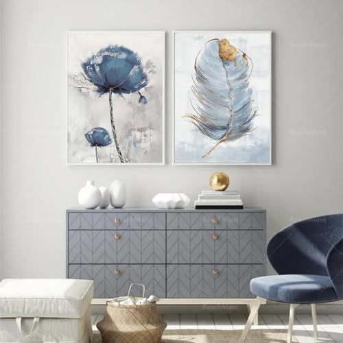 Herfair Bilder Wohnzimmer 2er Set, Blau Blumen Feder Wandbilder Poster Schlafzimmer, Stilvolle Einfachheit Wanddeko Leinwandbilder, Ohne Rahmen (40 x 50 cm) von Herfair