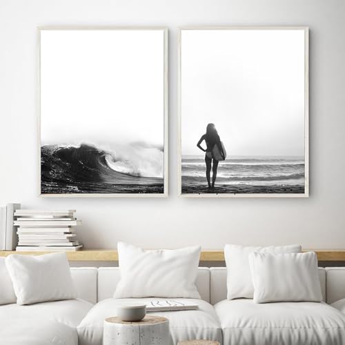 Herfair Bilder Wohnzimmer 2er Set Schwarz-Weiß Landschaft Wandbilder Poster Schlafzimmer Stilvolle Einfachheit Wanddeko Leinwandbilder, Ohne Rahmen (40 x 50 cm) von Herfair