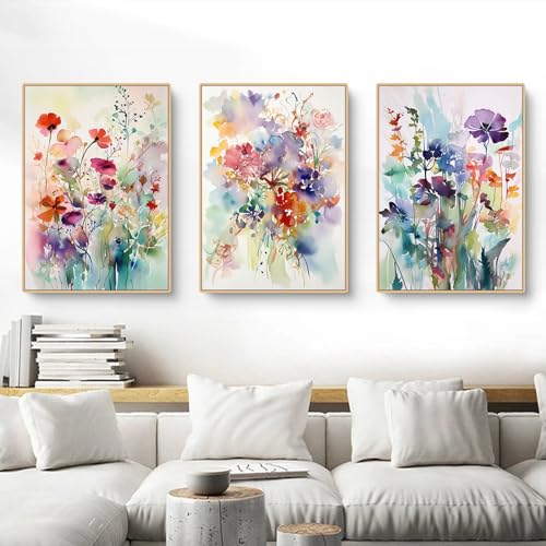 Herfair Bilder Wohnzimmer 3er Set, Bunt Blumen Poster Schlafzimmer Wandbilder, Stilvolle Aesthetic Deko Leinwand Bilder, Ohne Rahmen Wanddeko Poster (40 x 50 cm) von Herfair