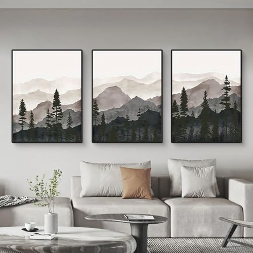 Herfair Bilder Wohnzimmer Poster 3er Set Abstrakt Wald Berg Landschaft Wandbilder Kunstposter Stilvolle Einfachheit Wanddeko Leinwandbilder Ohne Rahmen (50 x 70 cm) von Herfair