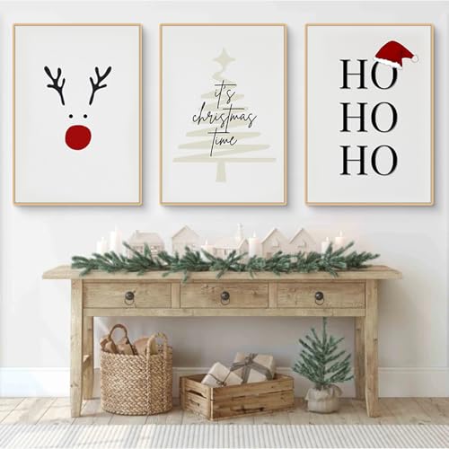 Herfair Bilder Wohnzimmer Weihnachtsbilder Poster 3er Set Weihnachtsbaum Elch Wandbilder Weihnachtsposter Ohne Rahmen Leinwandbilder (30×40 cm) von Herfair