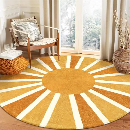 Herfair Boho Runde Teppich Waschbar rutschfest Fläche Teppich Weiche Sofa Kinderzimmer Teppiche Regenbogen Sonne drucken Teppich für Schlafzimmer Wohnzimmer (A,100X100CM) von Herfair