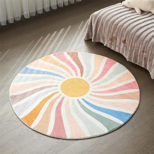 Herfair Boho Runde Teppich Waschbar rutschfest Fläche Teppich Weiche Sofa Kinderzimmer Teppiche Regenbogen Sonne drucken Teppich für Schlafzimmer Wohnzimmer (E,100X100CM) von Herfair