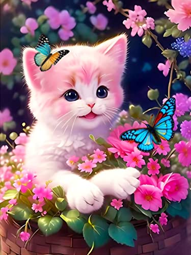 Herfair Diamond Painting Full Set, 5D Diamant Painting Katze Blume Meer und Schmetterling, Diamond Painting Bilder Strass Stickerei Mosaik Gemälde Kreuzstich 30x40cm (Rosa) von Herfair